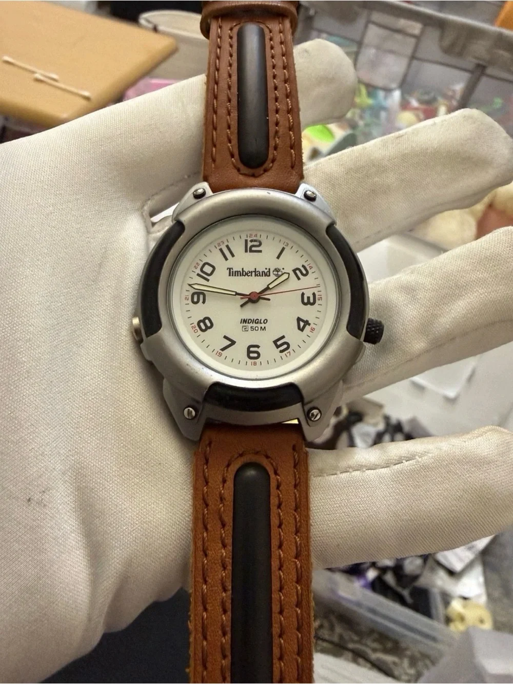 Vintage Timberland Indiglo 42mm Mens Field Watch 50M WR White Dial Leather